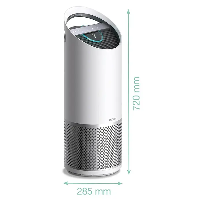 Leitz TruSens Luftreiniger Z-3000 - Raumgröße: 0 m² - 70 m², SensorPod Luftqualitätsmesser - Abbildung eines TruSens Luftreinigers mit den Maßen 720 mm Höhe und 285 mm Breite, ein elegantes Gerät für saubere Luft.
