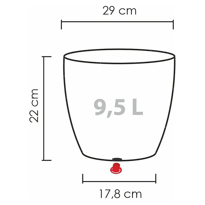 Scheurich Barceo Pflanztopf - Außenmaß (Ø x H): 29 x 22 cm, Kunststoff, Granitschwarz - Abbildung eines 9,5 L Getränkespenders mit den Maßen 29 cm Breite oben, 17,8 cm Breite unten und 22 cm Höhe.