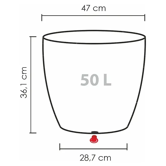 Scheurich Barceo Pflanztopf - Außenmaß (Ø x H): 47 x 36,1 cm, Kunststoff, Steingrau - Darstellung eines 50L Wasserbehälters mit Abmessungen, ideal für Gartenbewässerung oder Regenwassernutzung.