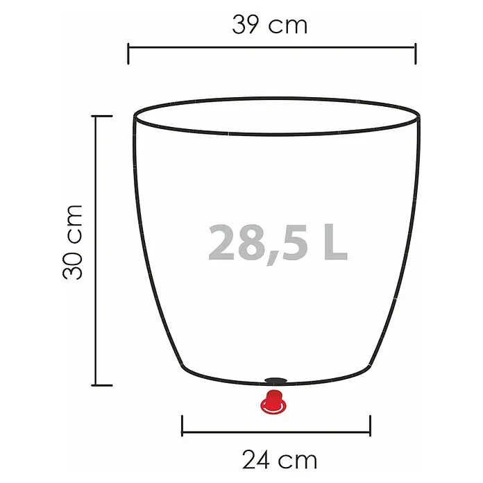 Scheurich Barceo Pflanztopf - Außenmaß (Ø x H): 39 x 30 cm, Kunststoff, Granitschwarz - Abbildung eines Wasserbehälters mit den Maßen 39 cm breit, 30 cm hoch und einem Fassungsvermögen von 28,5 Litern.