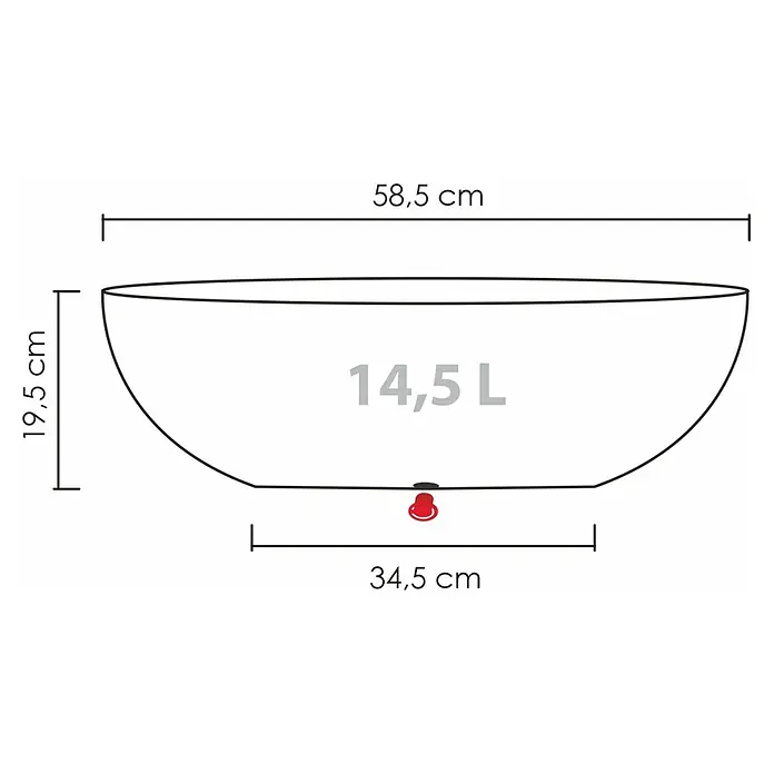 Scheurich Barceo Pflanzschale rund - Außenmaß (L x B x H): 58,5 x 23,7 x 19,5 cm, Kunststoff, Steingrau, Oval - Produktabbildung einer Schüssel mit den Maßen 58,5 cm (Länge), 19,5 cm (Höhe) und 34,5 cm (Bodendurchmesser), Fassungsvermögen 14,5 Liter.