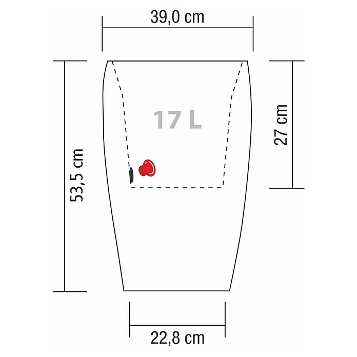 Scheurich Barceo Pflanzsäule rund - Außenmaß (Ø x H): 29 x 40 cm, Kunststoff, Granitschwarz - Abbildung eines 17L Wasserbeutels mit Größenangaben, der die Abmessungen verdeutlicht und die Kapazität des Beutels hervorhebt.