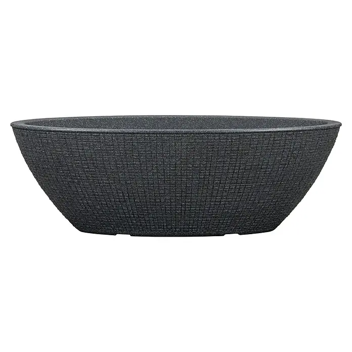 Scheurich Barceo Pflanzschale rund - Außenmaß (L x B x H): 58,5 x 23,7 x 19,5 cm, Kunststoff, Granitschwarz, Oval - Ein grauer, ovaler Pflanzkübel mit texturierter Oberfläche, ideal für den Innen- und Außenbereich, um Pflanzen stilvoll zu präsentieren.