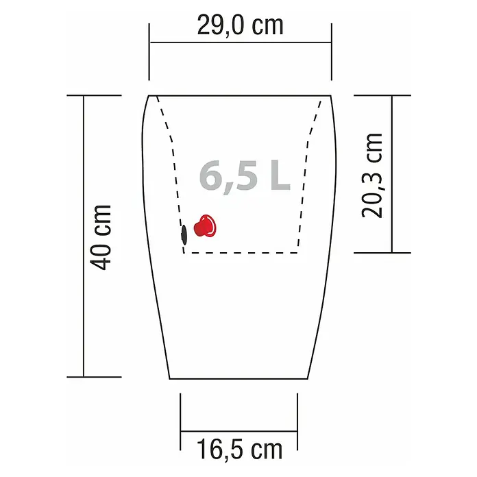 Scheurich Barceo Pflanzsäule rund - Außenmaß (Ø x H): 29 x 40 cm, Kunststoff, Steingrau - Abbildung einer Tasche mit den Maßen 40 cm Höhe, 29 cm Breite oben und 16,5 cm Breite unten. Das Fassungsvermögen beträgt 6,5 L.