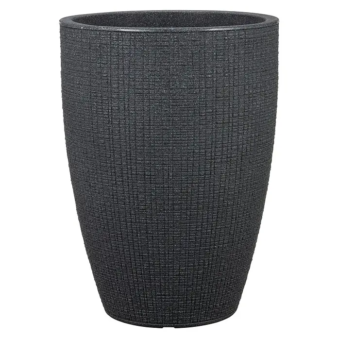 Scheurich Barceo Pflanzsäule rund - Außenmaß (Ø x H): 29 x 40 cm, Kunststoff, Granitschwarz - Schwarzer Pflanztopf mit rauer Textur. Der Pflanztopf ist dunkel und hat eine zylindrische Form mit einer leichten Verjüngung nach unten.