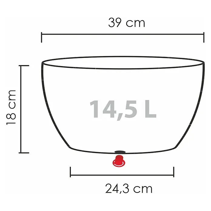 Scheurich Pflanzschale rund Barceo - Außenmaß (Ø x H): 39 x 18 cm, Kunststoff, Granitschwarz, Rund - Abbildung eines Behälters mit den Maßen 39 cm breit, 18 cm hoch und einer Kapazität von 14,5 Litern.