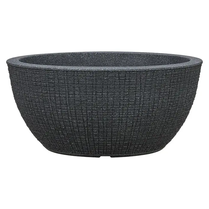 Scheurich Pflanzschale rund Barceo - Außenmaß (Ø x H): 39 x 18 cm, Kunststoff, Granitschwarz, Rund - Nahaufnahme eines runden, schwarzen Pflanzgefäßes mit rauer Textur. Ideal für den Innen- und Außenbereich.