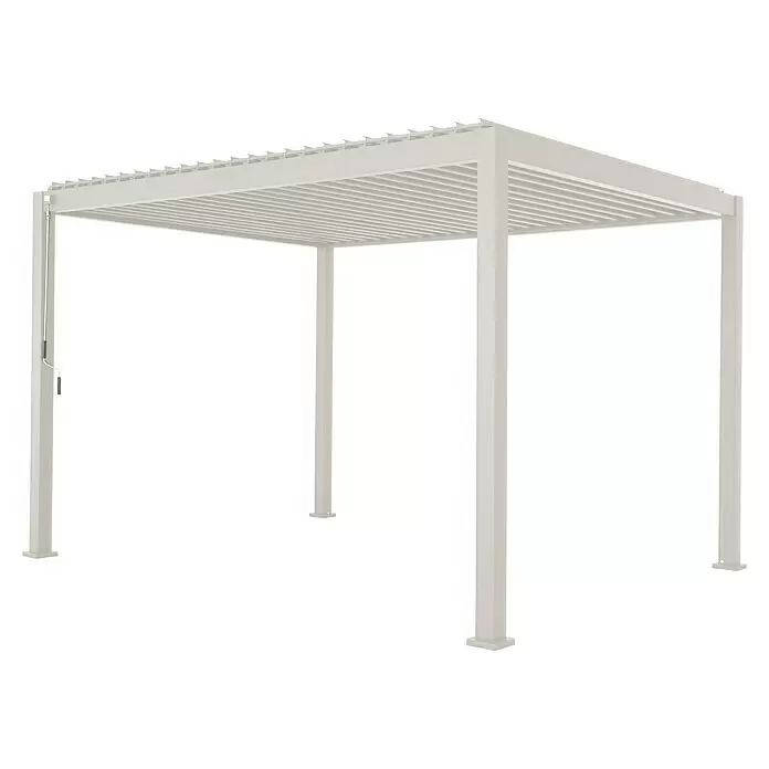 Sorara Pergola Mirador Classic - B x T: 300 x 400 cm, Farbe Gestell: Weiß, Aluminium - Helle beige freistehende Pergola mit verstellbarem Lamellendach und manuellem Kurbelmechanismus.