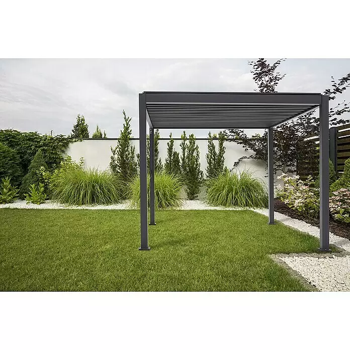 Sorara Pergola Mirador Classic - B x T: 300 x 400 cm, Farbe Gestell: Anthrazit, Aluminium - Dunkelgraue Metallpergola auf grünem Rasen in einem lebendigen Garten.