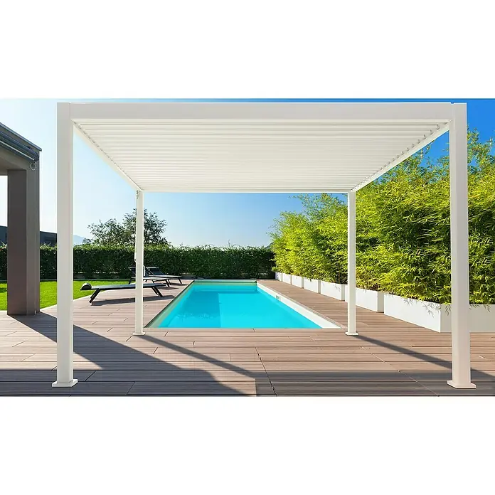 Sorara Pergola Mirador Classic - B x T: 300 x 400 cm, Farbe Gestell: Weiß, Aluminium - Moderne weiße Pergola neben einem Pool. Sie bietet Schatten und ein stilvolles Ambiente für entspannte Stunden im Freien.