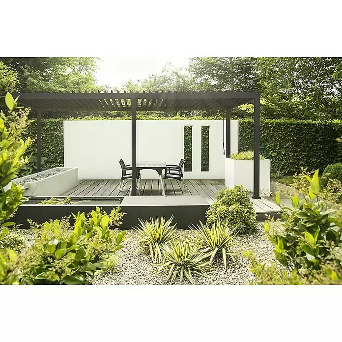 Sorara Pergola Mirador Classic - B x T: 300 x 600 cm, Farbe Gestell: Anthrazit, Aluminium - Schwarze Metallpergola mit Lamellendach, die einen Essbereich im Freien mit Tisch und Stühlen beschattet.