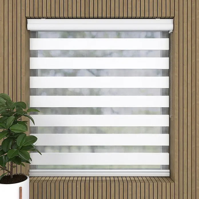 Expo Ambiente Doppelrollo mit KassetteB x H: 50 x 175 cm, Weiß, Verdunkelnd - Die weißen, horizontalen Streifen der Jalousien sorgen für einen modernen Look und bieten gleichzeitig Privatsphäre und Lichtsteuerung.