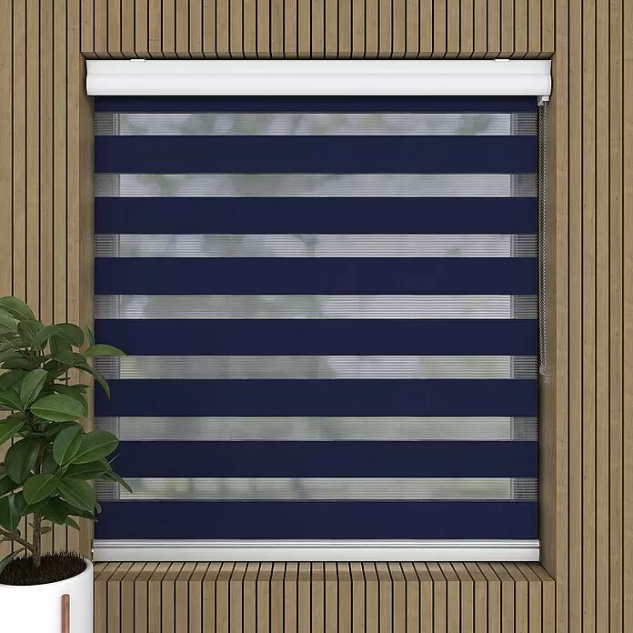 Doppelrollo mit Kassette - B x H: 60 x 175 cm, Blau - Dunkelblaue und weiße gestreifte Zebrarollo in einem Holzfensterrahmen, mit Pflanze links.