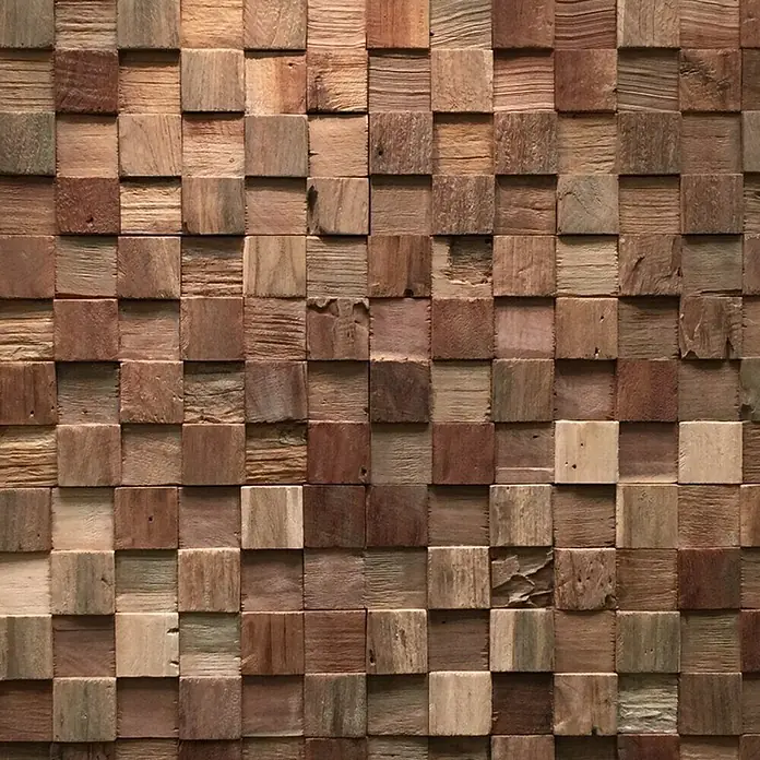 Panel de revestimiento Ultrawood Teca Square - 49,5 cm x 18 cm x 15 mm - Revestimiento de pared hecho de bloques de madera cuadrados en diferentes tonos de marrón, creando un aspecto rústico y natural.