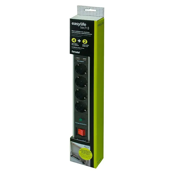 Famatel Base de enchufe múltiple con USB - Número de enchufes Schuko: 4 ud., Negro/Plateado, Longitud del cable: 1,5 m, Con interruptor - Vista del producto de una regleta Easy Life Tech con protección contra sobretensiones.