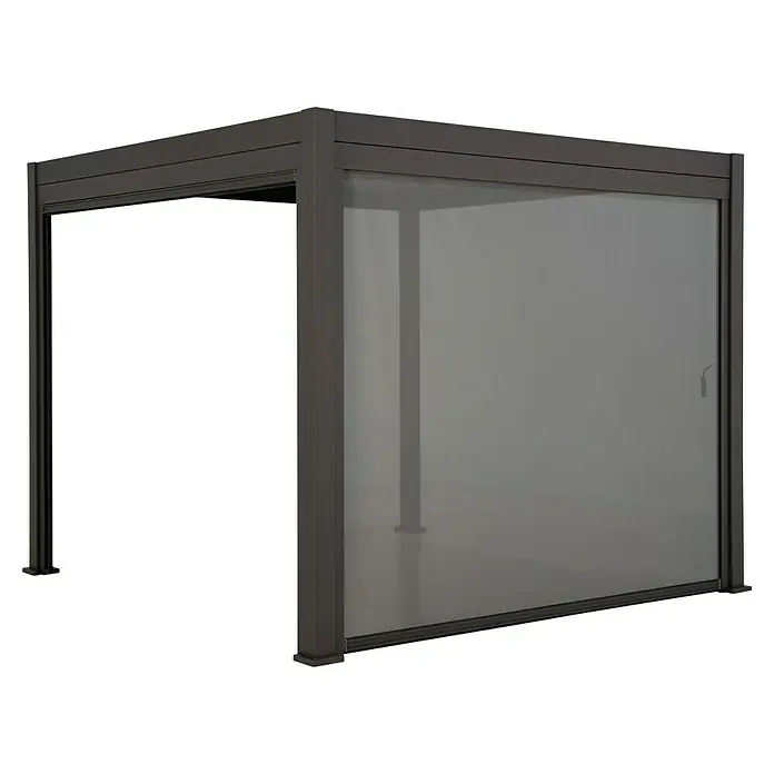 Sorara Seitenelement Rollo Solid & Basic - 300 cm, Anthrazit - Ein modernes, graues Pavillon mit einer verschiebbaren Glaswand, das für eine stilvolle und wettergeschützte Außenbereichgestaltung sorgt.