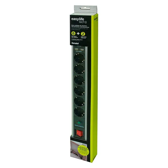 Famatel Base de enchufe múltiple con USB - Número de enchufes Schuko: 6 ud., Negro/Gris, Longitud del cable: 150 cm, IP20, Con interruptor - Base múltiple de aluminio Easylife Tech con protección contra sobretensiones, 6 enchufes y 2 puertos USB, ideal para el hogar.