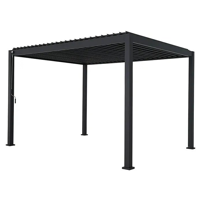 Sorara Pergola Mirador Deluxe - B x T: 300 x 400 cm, Farbe Gestell: Anthrazit, Aluminium - Abbildung einer modernen, schwarzen Pergola mit Lamellendach, die Schatten spendet und einen stilvollen Außenbereich schafft.