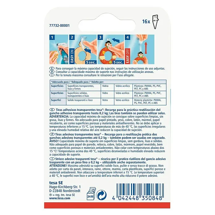 Tesa Powerstrips Cinta engomada - Transparente - Recambio de tiras adhesivas Tesa para ganchos adhesivos transparentes con instrucciones de aplicación.