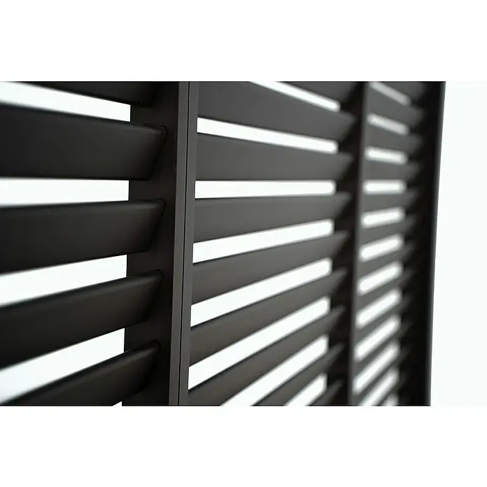 Sorara Pavillon-Seitenwand aus Lamellen - B x H: 93 x 240 cm, Anthrazit, Für kurze Seite des Sunfun Lamellenpavillon Korfu - Nahaufnahme von schwarzen Fensterläden, die teilweise geöffnet sind und das Licht durchlassen. Sie sind modern und minimalistisch gestaltet.