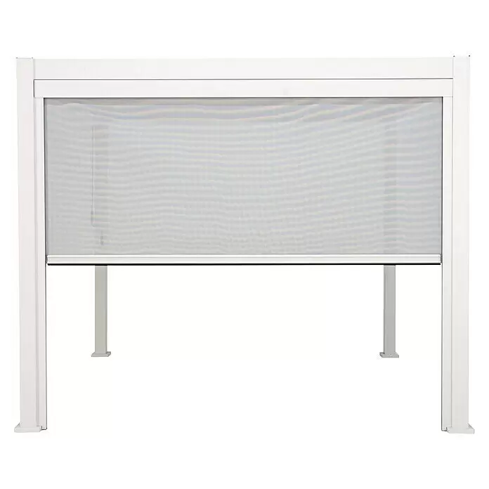 Sorara Seitenelement Rollo Solid & Basic - 400 cm, Weiß - Weißes Outdoor-Pergola-Gestell mit einem hellgrauen Netzrollladen ausgefahren.
