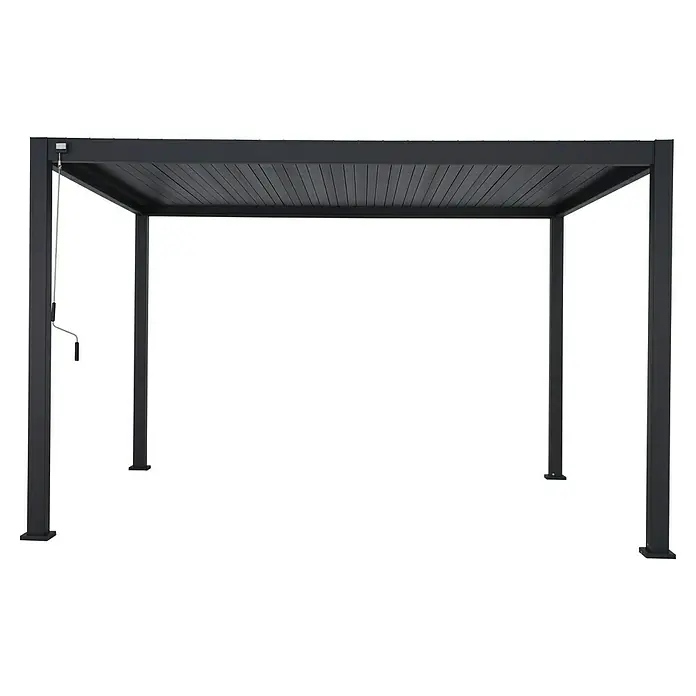 Sorara Pergola Mirador Deluxe - B x T: 300 x 400 cm, Farbe Gestell: Anthrazit, Aluminium - Produktbild eines modernen, schwarzen Pavillons mit Lamellendach. Ideal für den Garten oder die Terrasse als stilvoller Sonnenschutz.