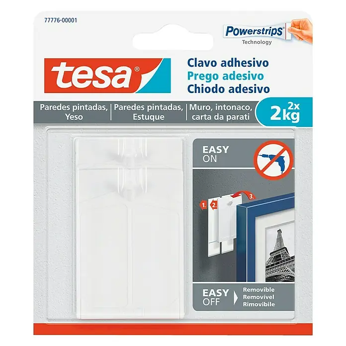 Tesa Clavo adhesivo - Blanco, Carga soportada: 2 kg, 2 ud., Paredes pintadas - Clavo adhesivo Tesa Powerstrips, ideal para colgar cuadros y decoraciones sin taladrar. Soporta hasta 2 kg.