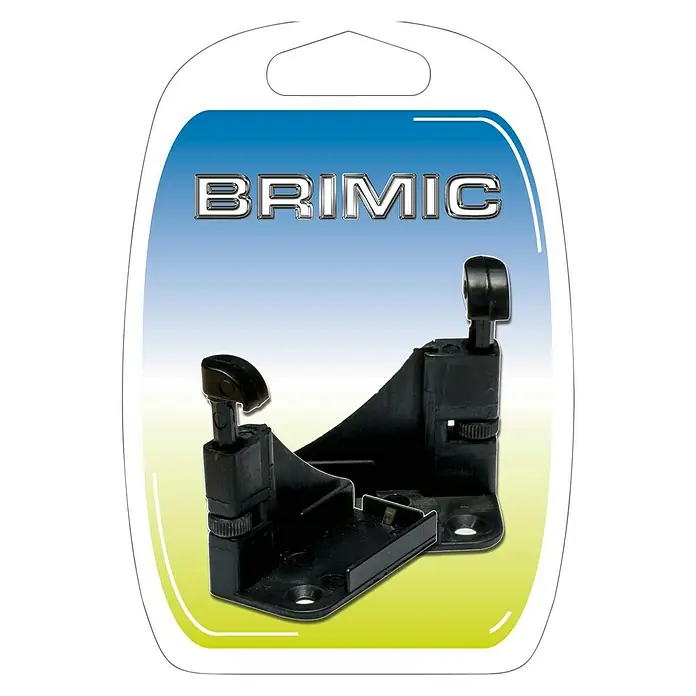 Micel Set de ganchos para mosquiteras - Negro, 2 ud. - Primer plano de un soporte BRIMIC negro en su embalaje, adecuado para montar diversos dispositivos.