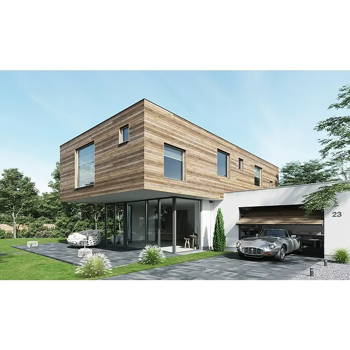 Cersanit Terrassenfliese Beton Grey Dark - 59,3 x 59,3 x 2 cm, Dunkelgrau, Matt - Moderne Hausarchitektur mit Holzverkleidung, großen Fensterflächen und einer Garage mit Oldtimer. Das Haus strahlt Eleganz und Stil aus.