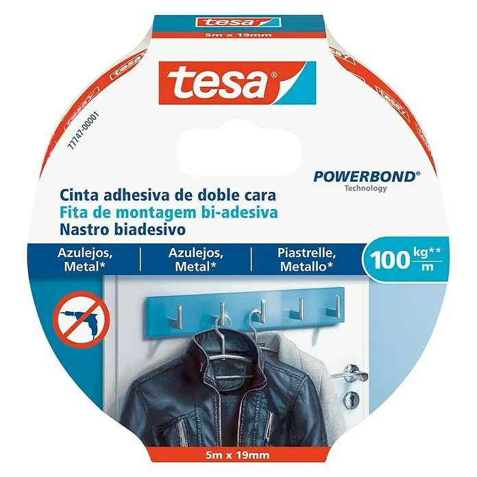 Tesa Powerbond Cinta de doble cara Azulejos/Metal - L x An: 5 m x 1,9 cm, Blanco - Cinta de montaje Tesa Powerbond para azulejos y metal con capacidad de carga de 100kg/m para una fijación fácil y permanente sin taladrar.