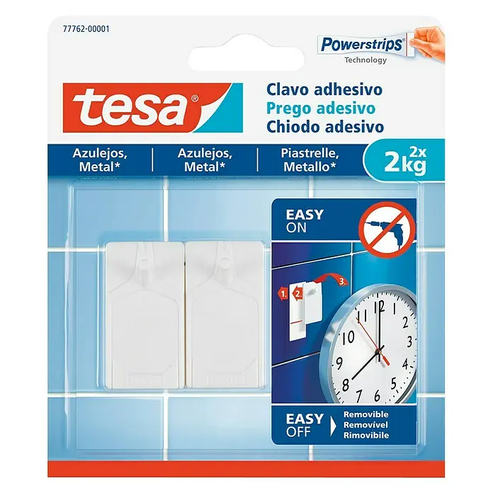 Tesa Clavo adhesivo - Blanco, Carga soportada: 2 kg, 2 ud., Azulejos - Clavo adhesivo Tesa para azulejos y metal, soporta hasta 2 kg. Ideal para baños y cocinas, fácil de instalar y extraíble.