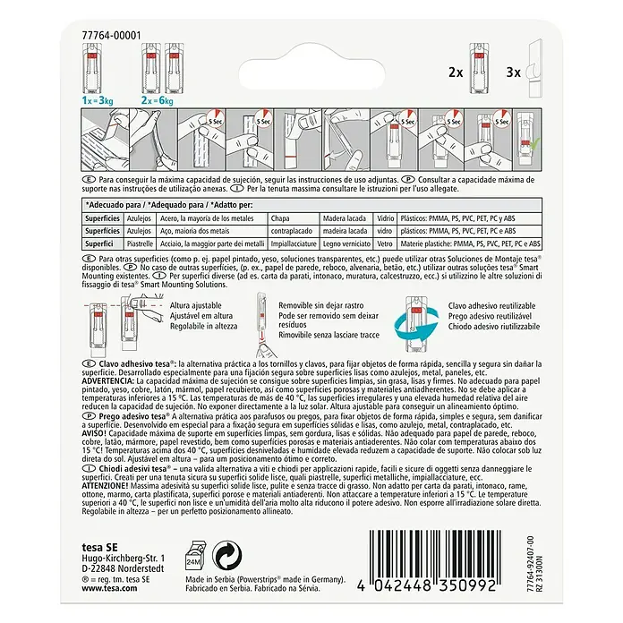 Tesa Clavo adhesivo ajustable - Blanco, Carga soportada: 3 kg, 2 ud. - Embalaje del producto de tiras adhesivas Tesa, que ofrece soluciones de montaje reutilizables.