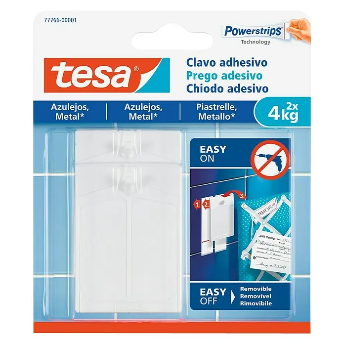 Tesa Clavo adhesivo - Blanco, Carga soportada: 4 kg, 2 ud. - Clavo adhesivo Tesa para azulejos y metal con tecnología Powerstrips, capacidad de carga 2x4kg, fácil de instalar y quitar sin residuos.