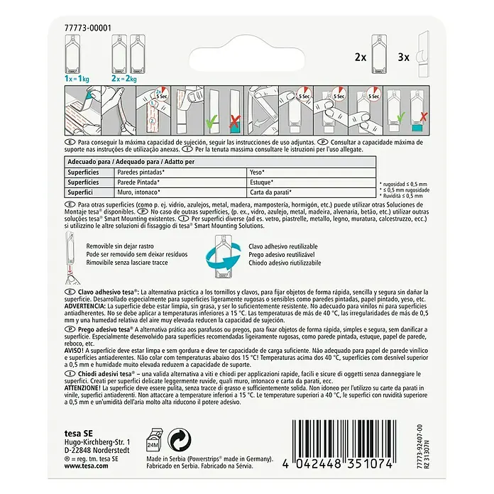 Tesa Clavo adhesivo - Apto para: Paredes pintadas, Carga soportada: 1 kg, 2 ud., Blanco - Embalaje de clavos adhesivos Tesa.