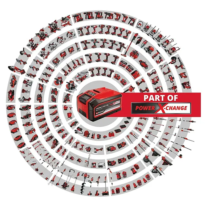 Einhell Power X-Change 18V Akku-Vertikutierer GC-SC 36/31 LI-SOLO EINHELL - Anzahl Akkus: Ohne Akku, 18 V, Arbeitsbreite: 31 cm - Einhell Power X-Change Akku, umgeben von einer Vielzahl von Einhell Werkzeugen, die mit diesem Akku kompatibel sind.