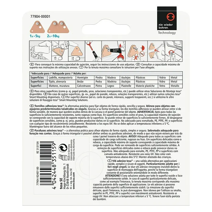 Tesa Tornillo adhesivo - Triangular, Carga soportada: 5 kg, 2 ud. - Tesa tornillos adhesivos: La solución inteligente para colgar objetos sin taladrar. Adaptable a diversas superficies y fácil de usar.