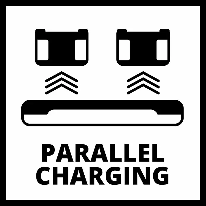 Einhell Power X-Change 18V Batterie-Ladegerät Power-X-Twincharger 3 A - Passend für: Einhell Power X-Change Akkus - Bild einer Ladestation, die paralleles Laden von zwei Batterien gleichzeitig ermöglicht, um die Effizienz zu steigern.