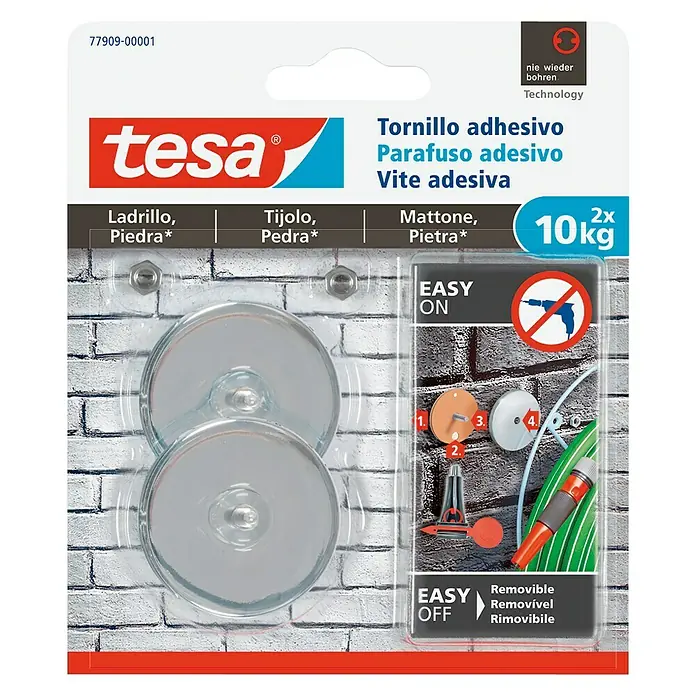 Tesa Tornillo adhesivo - Redonda, Carga soportada: 10 kg, 2 ud. - Tesa tornillos adhesivos para mampostería y piedra, 2 unidades, cada uno con una capacidad de carga de hasta 10 kg, para una fácil instalación sin taladrar.