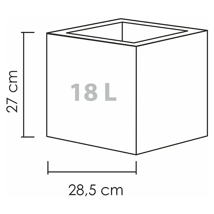Scheurich Pflanzkübel eckig C-Cube - Außenmaß (L x B x H): 28,5 x 28,5 x 27 cm, Kunststoff, Grau - Illustration eines weißen, quaderförmigen Pflanzkübels mit Maßangaben und einem Fassungsvermögen von 18 Litern.