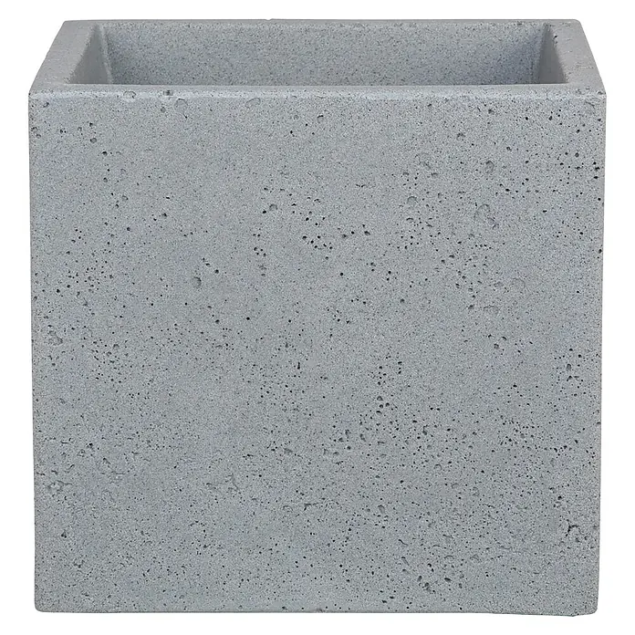 Scheurich Pflanzkübel eckig C-Cube - Außenmaß (L x B x H): 28,5 x 28,5 x 27 cm, Kunststoff, Grau - Bild eines quadratischen Pflanzgefäßes aus grauem Beton mit einer rauen Textur und einem modernen Design.