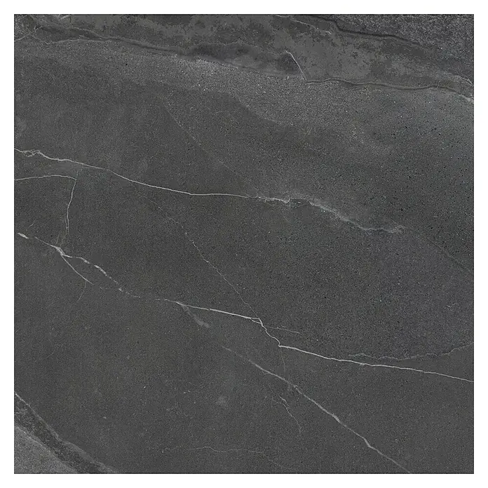 Terrassenfliese Monte 2.059,7 x 59,7 x 2 cm, Anthrazit, Matt - Detailaufnahme einer dunklen, polierten Keramikfliese mit weißen Adern und unregelmäßiger Textur, ideal für moderne Innenräume.