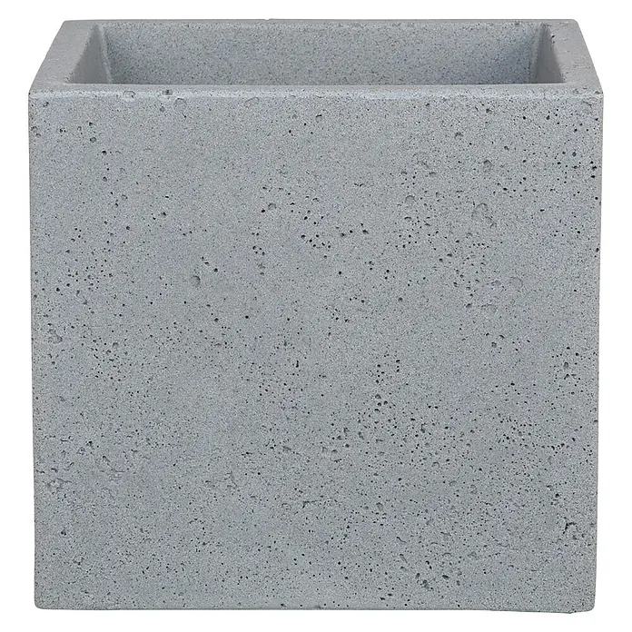 Scheurich Pflanzkübel eckig C-Cube - Außenmaß (L x B x H): 38 x 38 x 33 cm, Kunststoff, Grau - Nahaufnahme eines quadratischen, grauen Betonblumentopfes mit einer rauen, porösen Textur. Der Pflanzkübel ist schlicht und modern gestaltet.
