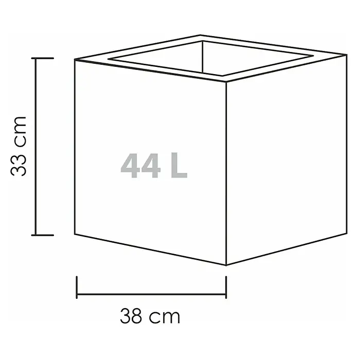 Scheurich Pflanzkübel eckig C-Cube - Außenmaß (L x B x H): 38 x 38 x 33 cm, Kunststoff, Grau - Abbildung eines quadratischen Pflanzgefäßes mit den Maßen 33 cm Höhe, 38 cm Breite und einem Volumen von 44 Litern.