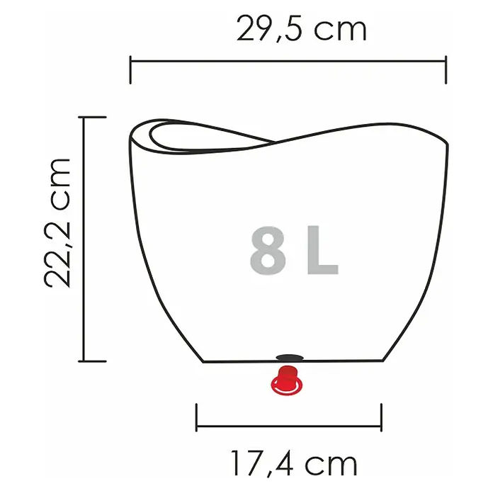 Scheurich Wave Globe Pflanztopf - Außenmaß (Ø x H): 29,5 x 23 cm, Kunststoff, Schwarz granit - Abbildung eines 8-Liter-Pflanzgefäßes mit den Maßen 29,5 cm Breite, 22,2 cm Höhe und 17,4 cm Durchmesser an der Basis.
