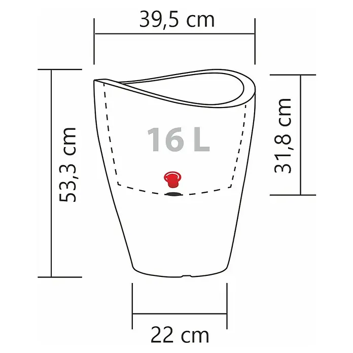 Scheurich Wave Globe Pflanzsäule rund - Außenmaß (Ø x H): 39,5 x 53,3 cm, Kunststoff, Steingrau - Abbildung eines Gefäßes mit den Maßen 39,5 cm Breite oben, 22 cm Breite unten, 53,3 cm Höhe und einem Fassungsvermögen von 16 Litern.