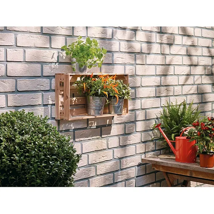 Tesa Tornillo adhesivo - Rectangular, Carga soportada: 5 kg, 2 ud. - Caja de madera decorativa en una pared de ladrillo con plantas en macetas dentro y un arbusto y una regadera al lado.