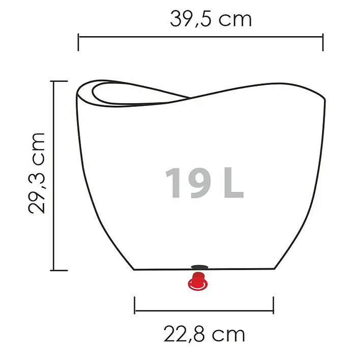 Scheurich Wave Globe Pflanztopf - Außenmaß (Ø x H): 39,5 x 29,3 cm, Kunststoff, Steingrau - Abbildung eines Wasserbehälters mit den Maßen 39,5 cm Breite, 29,3 cm Höhe und 22,8 cm Basis, mit einem Fassungsvermögen von 19 Litern.
