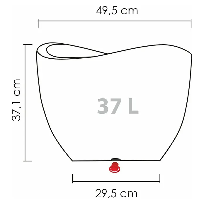 Scheurich Wave Globe Pflanztopf - Außenmaß (Ø x H): 49,5 x 37,1 cm, Kunststoff, Schwarz granit - Produktdiagramm eines 37-Liter-Behälters mit den Maßen 49,5 cm Breite, 37,1 cm Höhe und 29,5 cm Basis.