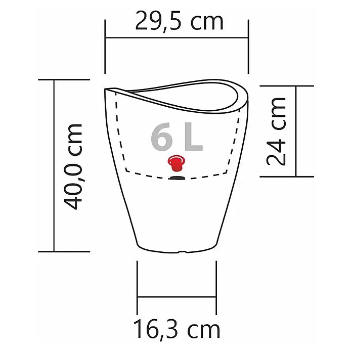 Scheurich Wave Globe Pflanzsäule rund - Außenmaß (Ø x H): 29,5 x 40 cm, Kunststoff, Schwarz granit - Linienzeichnung eines 6L Pflanzgefäßes: 40 cm hoch, 29,5 cm oben breit, 16,3 cm unten breit, 24 cm innere Tiefe.