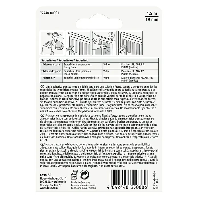 Tesa Powerbond Cinta de doble cara Vidrio - 1,9 cm x 1,5 m, Transparente - Cinta adhesiva transparente doble cara Tesa para superficies lisas.